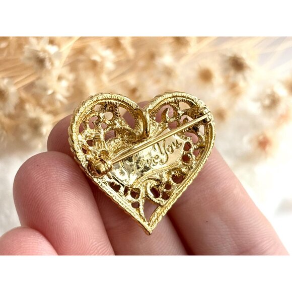 Heart Shaped Textured "I Love You" Rhinestoned and Enameled Brooch - Picture 6 of 10